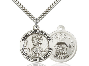 Sterling silver St. Christopher Air Force patron saint medal necklace 1 inch by 1-5/8 inch pendant 24 inch chain Bliss USA