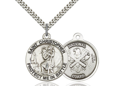 Sterling Silver St. Christopher National Guard Medal Necklace 1 x 1-5/8 inches with 24 inch chain by Bliss