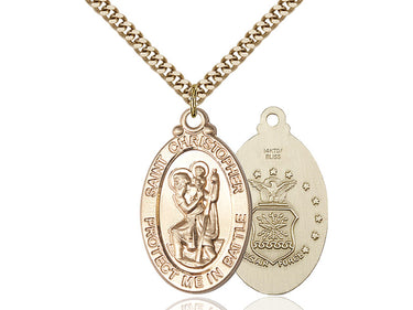 14kt Gold Filled St. Christopher Air Force Medal Necklace 1-1/8 x 1-1/4 inches with 24 inch chain by Bliss