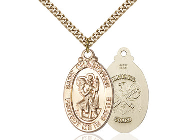 14kt Gold Filled St. Christopher National Guard Medal Necklace 1 1/8 x 1 1/4 inches with 24 inch chain by Bliss
