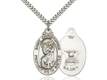 Sterling silver St. Christopher Navy military medal necklace with 24 inch chain by Bliss Manufacturing