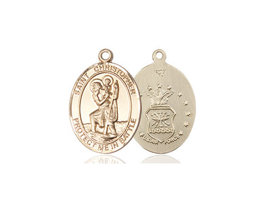 14kt solid gold St. Christopher Air Force military medal pendant 3/4 x 7/8 inch handcrafted by Bliss Manufacturing USA