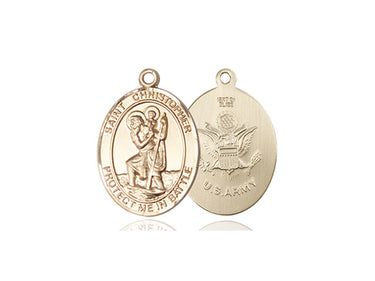 14kt solid gold St. Christopher Army military medal pendant 3/4 x 1 inch handcrafted by Bliss Manufacturing USA