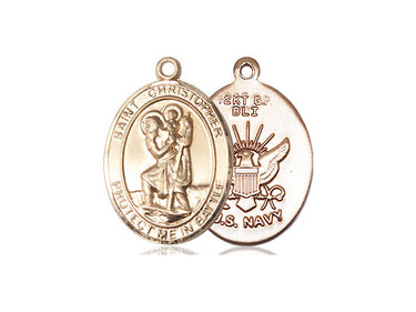 14kt solid gold St. Christopher Navy military medal pendant 3/4 x 1 inch handcrafted by Bliss Manufacturing USA