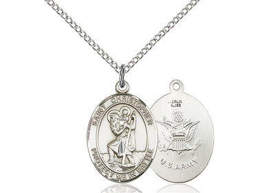 Sterling silver St. Christopher Army military medal necklace 3/4 x 1 inch with 18 inch chain by Bliss