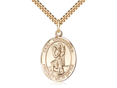 14kt Gold Filled St. Christopher Patron Saint Medal Necklace 1x3/4 inch pendant 24 inch curb chain USA made by Bliss Manufacturing