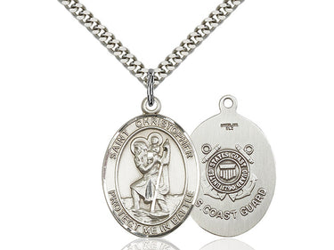 Sterling Silver St. Christopher Coast Guard Medal Necklace 1 inch by 1.25 inches with 24 inch chain by Bliss Manufacturing