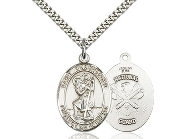 Sterling Silver St. Christopher National Guard Medal Necklace 1 inch by 1.25 inches with 24 inch chain by Bliss Manufacturing