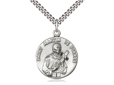 Sterling silver St. Martin de Porres patron saint medal necklace with 24 inch curb chain by Bliss Manufacturing
