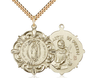 Gold Filled Our Lady of Guadalupe St Martin de Porres Large Medal Necklace 1 1/4 x 1 1/8 inches on 24 inch chain by Bliss