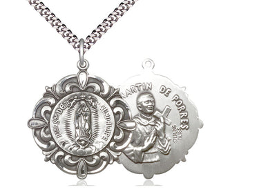 Sterling silver Our Lady of Guadalupe medal necklace 1.25 x 1.125 inches with 24 inch chain by Bliss