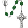 6x8mm oval green shamrock rosary with silver oxidized center piece and crucifix displayed against white background