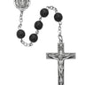7mm black glass Catholic rosary with zinc crucifix and center piece displayed against a white background