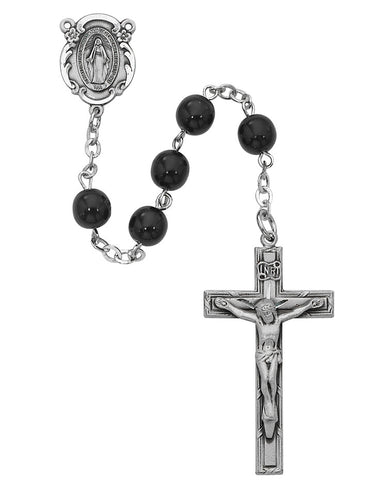 7mm black glass Catholic rosary with zinc crucifix and center piece displayed against a white background