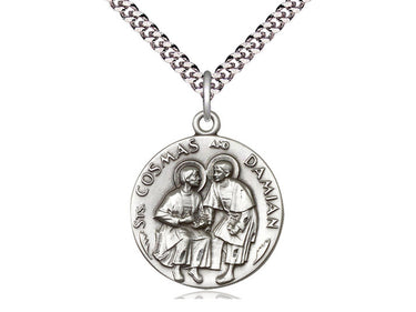 Sterling Silver Saints Cosmos and Damian patron saint medal necklace, 1x7/8 inch, 24 inch curb chain, Bliss Manufacturing