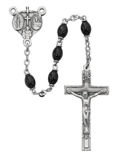 4x6mm black glass oval bead rosary with silver oxidized center piece and matching crucifix displayed against a white background