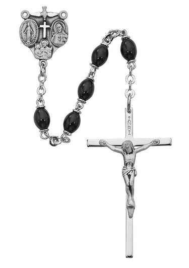 Sterling silver 4x6mm black glass oval bead rosary with sterling silver center piece and crucifix in deluxe gift box