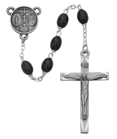 6x8mm black wood oval rosary with pewter crucifix and pewter center piece in deluxe gift box