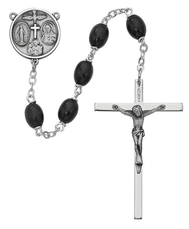 23-inch black wood rosary with 6x8mm oval beads and sterling silver center piece and crucifix in deluxe gift box