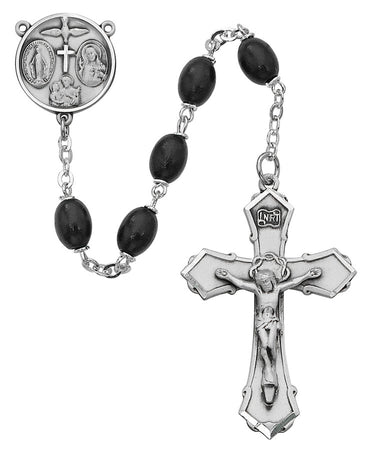 6x8mm black wood rosary with pewter crucifix and center piece displayed against a white background
