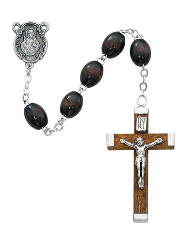 6x8mm brown wood rosary 23.5 inches long with silver oxidized center medal and matching wood crucifix