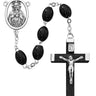 6x8mm black wood rosary with silver oxidized center piece and matching wood crucifix on a display card