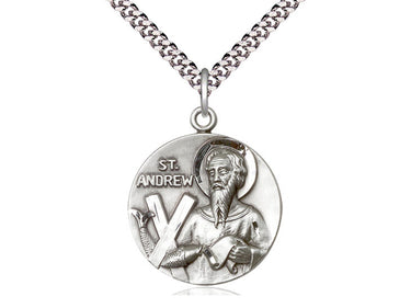 Sterling silver St. Andrew patron saint medal necklace with 1x7/8 inch pendant on 24 inch chain by Bliss