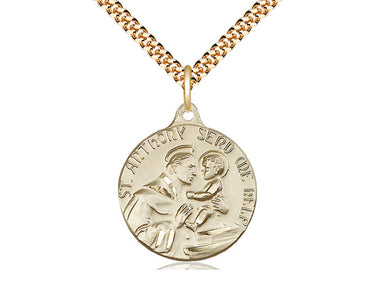 14kt gold filled St. Anthony patron saint medal necklace, 7/8 inch by 3/4 inch pendant on 24 inch chain, handcrafted by Bliss Manufacturing USA
