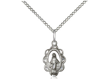 Sterling Silver Small Miraculous Medal Necklace 1/2 x 3/8 inch on 18 inch chain handmade by Bliss Manufacturing