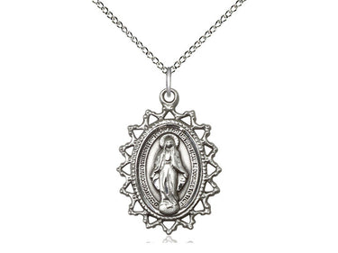 Sterling Silver Miraculous Medal Necklace 1x3/4 inch pendant on 18 inch curb chain handmade by Bliss