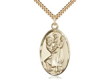 Large 14kt Gold Filled St. Christopher Medal Necklace 1 3/8 inch by 3/4 inch on 24 inch Curb Chain - Handcrafted by Bliss Manufacturing USA