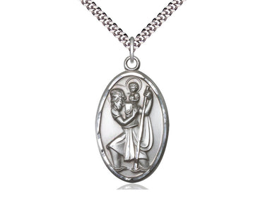 Large sterling silver St. Christopher patron saint medal necklace 1-3/8x3/4 inches on 24 inch chain by Bliss