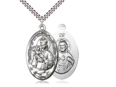 Large Sterling Silver Our Lady of Mount Carmel Medal Necklace 1 3/8 x 3/4 inch on 24 inch chain by Bliss