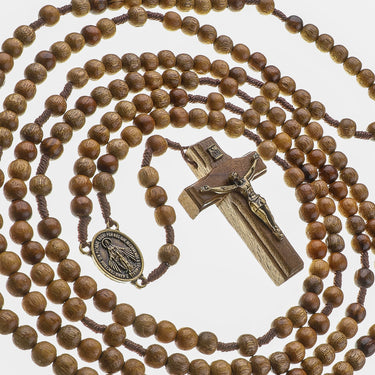 Brown wood 20 decade Catholic rosary with 7mm natural beads 43 inches long handcrafted by Bliss