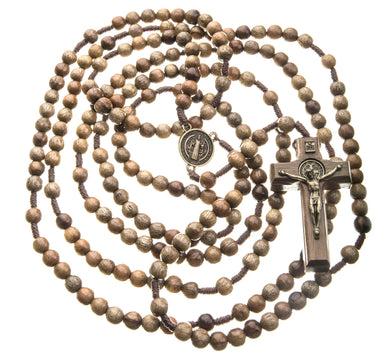 Brown wood St Benedict 20 decade Catholic rosary with protection medal 44 inches handcrafted by Bliss