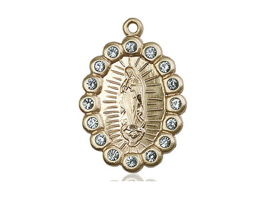 Medium 14kt solid gold Our Lady of Guadalupe medal pendant 1 x 5/8 inches handcrafted by Bliss Manufacturing