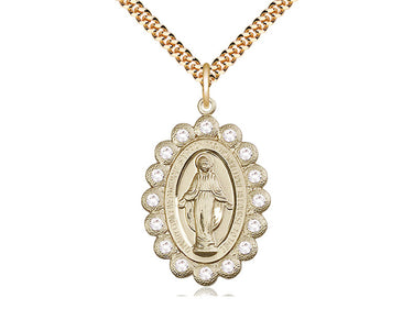 14kt gold filled Miraculous Medal necklace with 1⅛×¾ inch pendant on 24 inch curb chain handmade by Bliss