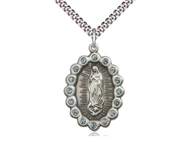 Sterling Silver Large Our Lady of Guadalupe Medal Necklace 1 1/4 x 7/8 inches on 24 inch chain by Bliss