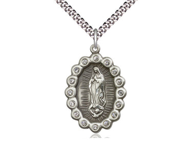 Sterling Silver Large Our Lady of Guadalupe Medal Necklace 1 1/4 x 7/8 inches 24 inch chain by Bliss