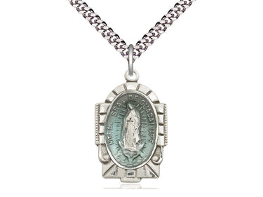 Sterling Silver Our Lady of Guadalupe Blue Epoxy Medal Necklace 1 x 5/8 with 24 inch Chain by Bliss