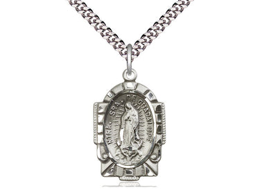 Sterling silver Our Lady of Guadalupe medal pendant necklace, 1 x 5/8 inches, 24 inch curb chain, handcrafted by Bliss