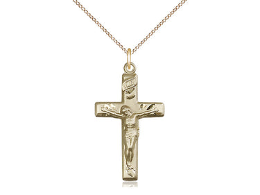 14kt Gold Filled Catholic Crucifix Necklace 1 1/8 x 5/8 inch pendant with 18 inch chain by Bliss Manufacturing