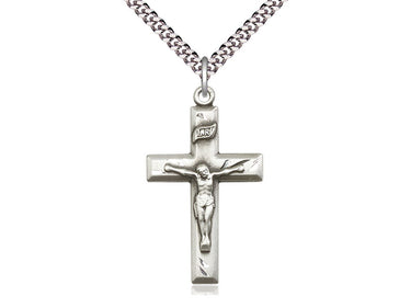 Sterling Silver Large Catholic Crucifix Necklace 1 3/8 inch pendant with 24 inch chain by Bliss Manufacturing