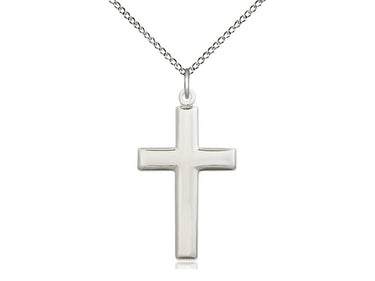 Sterling silver medium cross necklace 1 1/8 x 5/8 inches on 18 inch lite curb chain by Bliss Manufacturing