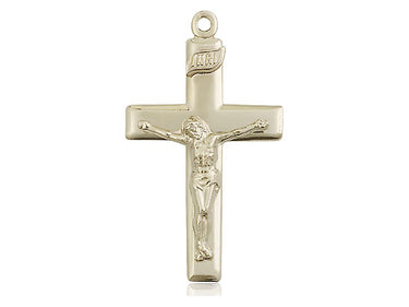 14kt Solid Gold Medium Catholic Crucifix Pendant 1 1/8 x 5/8 inches handcrafted in USA by Bliss Manufacturing