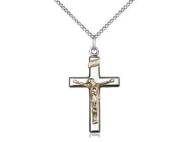 Two-tone gold filled and sterling silver Catholic crucifix necklace with 18 inch chain by Bliss