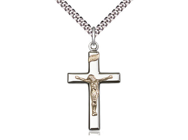 Large two-tone gold filled and sterling silver Catholic crucifix necklace with 24 inch chain by Bliss