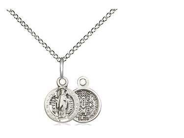 Small sterling silver St. Benedict patron saint medal necklace with 18 inch chain by Bliss Manufacturing