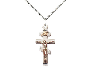 Small two-tone gold filled and sterling silver Greek Orthodox crucifix necklace with 18 inch chain by Bliss
