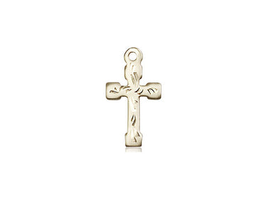 Small 14kt solid gold Catholic cross pendant, 5/8 inch by 3/8 inch, handcrafted by Bliss Manufacturing USA